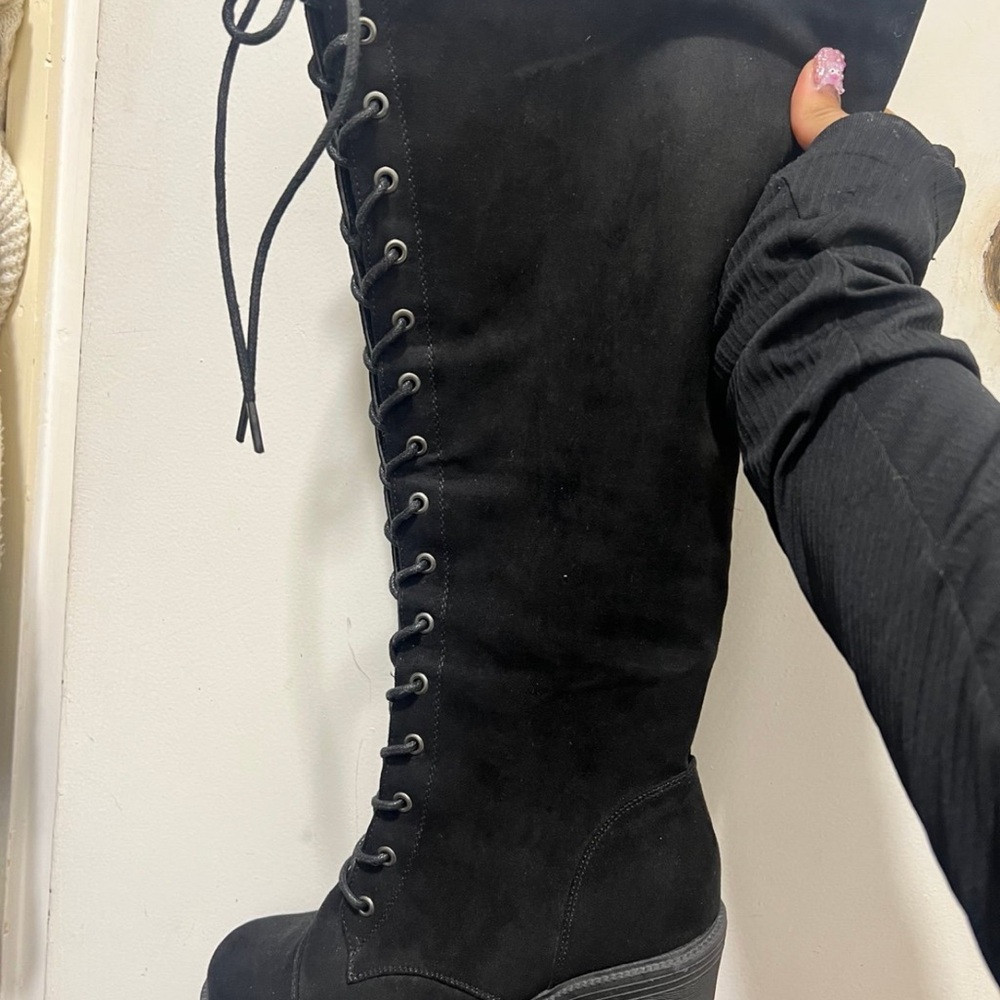 Black Lace-Up Knee-High Boots